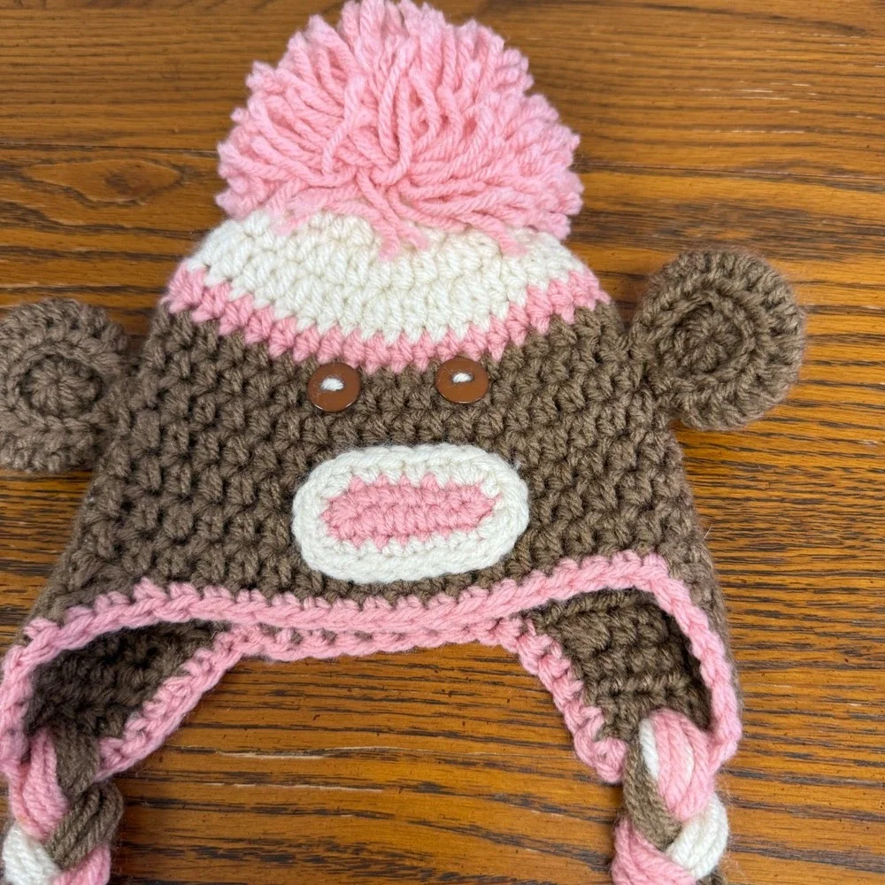 Chelsea T's Crochets Kids Sock‎ Monkey Beanie Pink Brown Crochet Earflap Hat Pom